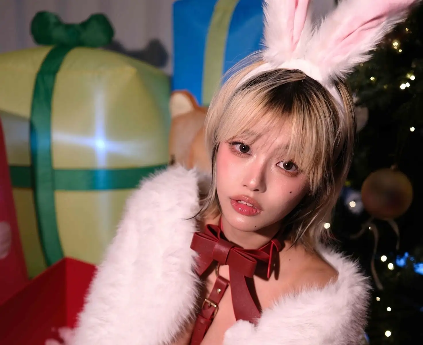 九曲Jean戴粉色兔耳与白色毛领,系红色皮质蝴蝶结,背景是圣诞礼盒与彩灯