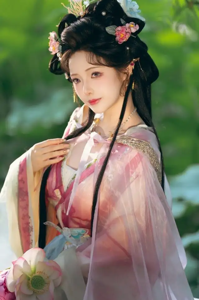 雯妹不讲道理粉色衣装外景半身像,盘发花饰与手边花朵衬着绿色背景