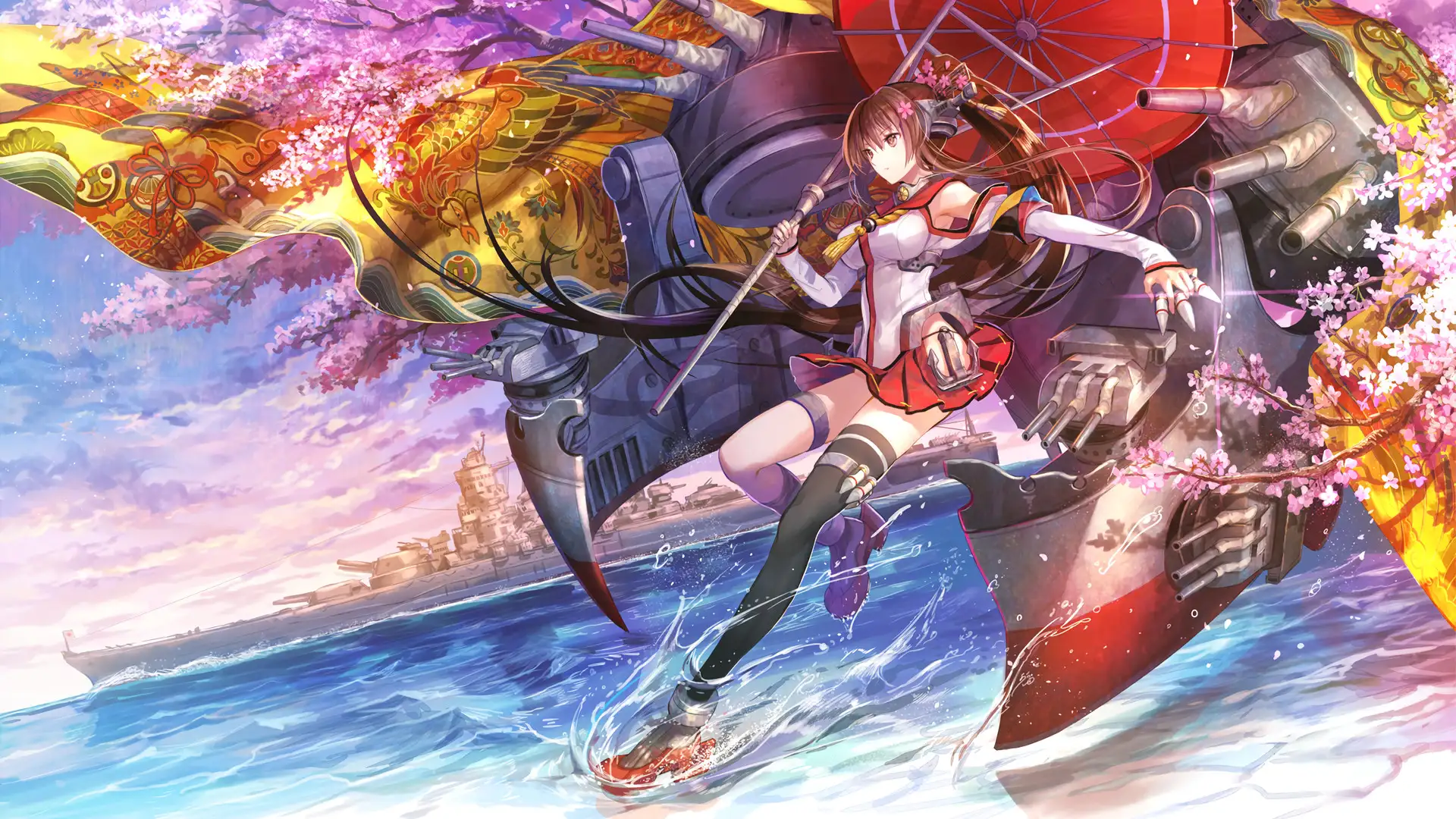 LoliHouse插画：深褐双马尾人物海面滑行，红白无袖与红百褶裙，右手握红伞，身后舰船机械件