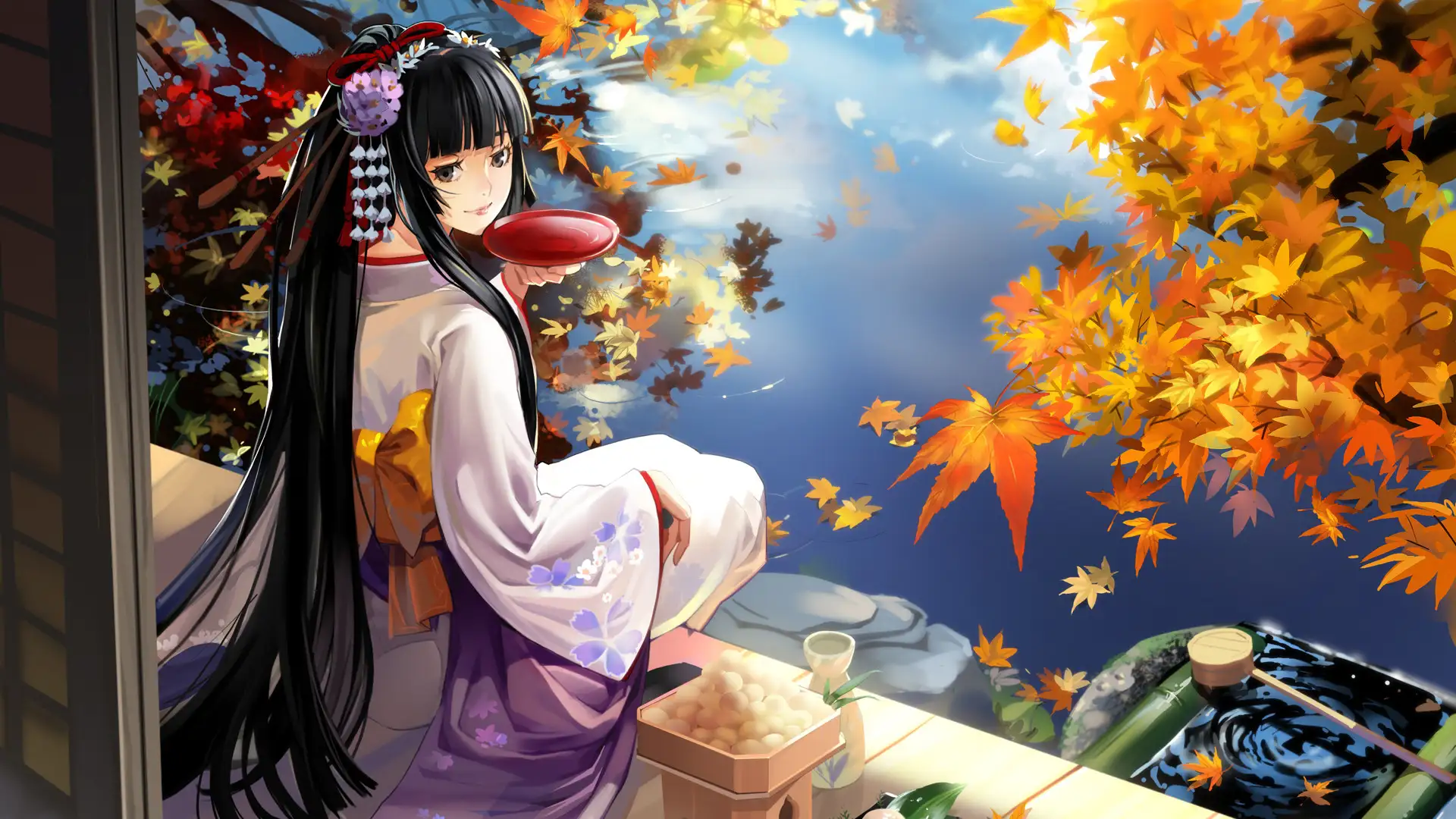 LoliHouse插画：黑发姬发人物坐木质缘侧回眸，紫白花簪与紫底和服裙，右手持朱红浅盏